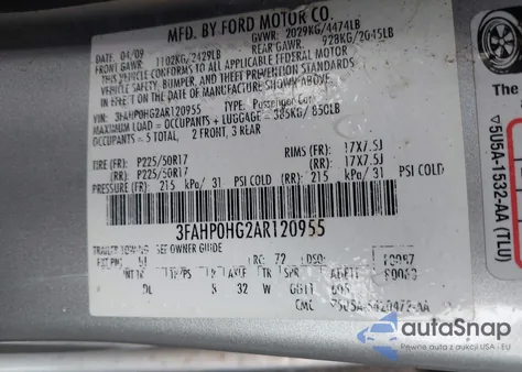 2010 Ford Fusion Se z USA, uszkodzony, nr VIN 3FAHP0HG2AR120955